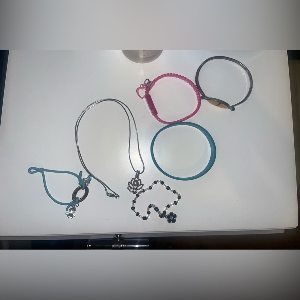 Silver Lotus Pendant Necklace with Teal and Pink Accent Bracelets